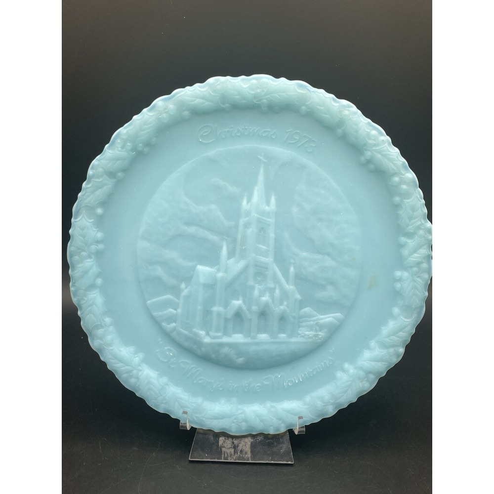 Rare Vintage Fenton "Christmas 1973 St Mary's In The Mountains" Plate Blue Satin